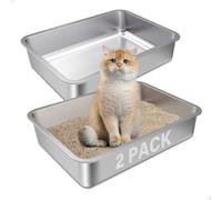 FUTAM Stainless Steel Litter Box 2 Pack,Small to Medium Litter Box for Kittens 17.5" x 13.5" x 4",Easy Clean Non Stick Easy Entry No Smell Metal Litterbox for Kitty/Rabbits