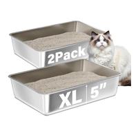 FUTAM Stainless Steel Litter Box 2 Pack, XLarge Metal Litter Box for Cat, Easy Clean Non Stick Easy Entry No Smell Metal Litterbox for Kitty/Cats