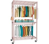 FUTASSI P1 Heavy Duty Garment Rack, 3 Tiers Adjustable Rolling Metal Closet Organizer with Lockable Wheels, FreeStanding Wardrobe with Double Hanger Rods & 1 Pair Hooks, Max Load 450 LBS, Pink