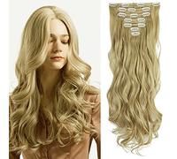 FUTATA 7PCS 16 Clips in Hair Extensions Curly Wave Thick Full Head Double Weft Synthetic Hair Extensions Wavy Hairpieces, Ash Blonde