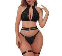FUTC HILA Women's Lingerie Set Sexy Floral Lace Underwear Bra Lingerie Set 6-Piece With Panties and Garter, Halter Neck Heart Ring Black L