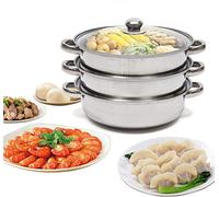 Futchoy 3-Tier Stainless Steel Steamer Pot with Vented Glass Lid - Round, Silver, 26.5cm
