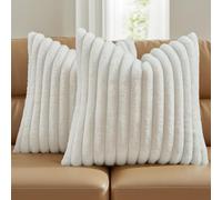 FUTEI Cream White Striped Decorative Throw Pillow Covers 18x18 Inch Set of 2,Square Fall Decorations Couch Pillow Case,Soft Cozy Faux Rabbit Fur & Velvet Back,Modern Home Decor for Bed