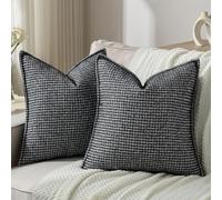 FUTEI Pack of 2 Chenille Throw Pillow Covers 16x16 Inch, Black | Premium Houndstooth Chenille Front/Smooth Velvet Back,Hidden Zipper,Machine Washable,Pilling-Resistant,Colorfast,No Insert.
