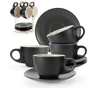 Futelang 8 Oz Cappuccino Cups set of 4-Thick-Walled, Insulated, Storable Ceramic Coffee Cup and Saucer with Stand,Perfect For Tea, Cappuccino, Latte - Porcelain Mugs for Kitchen or Cafe- Frosted Black