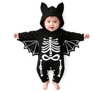 FUTERLY Bat Baby Costume Halloween, Skeleton Outfit for Newborn | Spooky Hooded Romper with Pointed Ears & Wings, Ribcage Print Warm Clothes for Babies, Boy & Girl, Great for Dress-Up