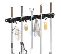 FutrLiv Wall Mounted Broom Rack, 5 Brackets + 4 Hooks, SUS304 Stainless Steel with Anti-slip Silicone, Self-adhesive and Drill Bit Holder, 15kg Weight Capacity, Suitable for Kitchen, Bathroom, Garden
