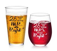Futtumy 25th Anniversary Glass Gifts Set, 25 Years of Being Mr Right & Mrs Always Right 17oz Wine 15oz Beer Glass, 25th Wedding Anniversary for Wife Husband Couple Parents Grandparents Friends