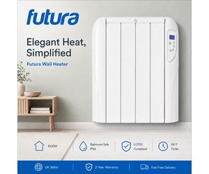 Futura 1000W Panel Heater Bathroom Safe Wall Mounted Timer Thermostat Radiator