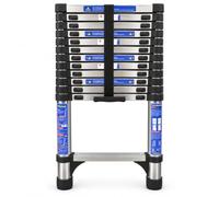 Futura 3.8m Telescopic Ladder, Stainless Steel Extendable Loft Ladder | 3.8m telescopic ladder; 12 rungs + lower platform, 150kg max load, secure locks and compact 84.5cm storage.