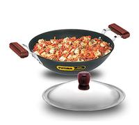 FUTURA IL26 Induction Compatible Hard Anodized Flat Bottom Deep Fry Pan/Kadhai with Stainless Steel Lid, 3.75 Liter