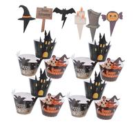 FUTUREORYY 2 Sets Happy Halloween Cupcake Toppers with Spooky Pumpkin Skull Ghost Bat Spider Paper Wrappers and Picks Festive Baking Decorations for Party Favors and Table Decor