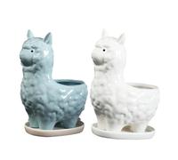 FUTUREORYY 2pcs Ceramic Gardening Flowerpots with Alpaca Design for Succulent Plants Planters with Tray Cute Home Office Desk Decor White Blue
