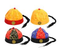 FUTUREORYY 4 Pcs Vintage Qing Dynasty Emperor Hat with Braids Costume Caps for Months Glossy Brocade Theatrical Dress-up and Chinese Festival Accessories
