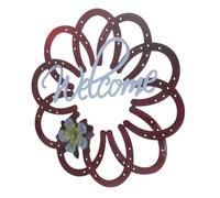 FUTUREORYY Iron Front Porch Welcome Sign with Horsehoe Flower Design Wall Hanging Ornament for Door Garden Patio Balcony Rustic Red Decorative Lettering for Home Entrance