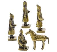 FUTUREORYY Small Alloy Terracotta Warriors Figurines Set of 5, Vintage Metal Dynasty Desktop Ornaments Horse Statue, Creative Antique Style Alloy Decoration for Home Display