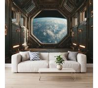Futurism Space Science Fiction Photo Wallpaper Mural for Living Room Decor, Non-Woven Art Print Fleece Space Station Octagon Main Window Wall Mural 350 x 256 cm Bedroom Decoration Poster Picture