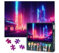 Futuristic City Scene in a Style of Cyberpunk Art - Jigsaw Puzzles 1000 Pieces for Adults - Cyberpunk - 1000 Piece Puzzle for Adults Abstract Art Puzzle Vibrant Nighttime Artwork 20x27inch