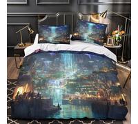 futuristic cityscape 3D Printed Quilt Cover 3pc Premium Microfibre Stain-Resistant sci-fi neon architecture Duvet Cover 2 Pillowcases Zip Closure Bed Ensemble Couple Bedroom Single（140x200cm）