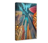 Futuristic Cityscape-Vibrant Manhattan Skyline Art Canvas Poster Wall Art Decor Print Picture Paintings for Living Room Bedroom Decoration 12x18inch(30x45cm)