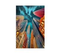 Futuristic Cityscape-Vibrant Manhattan Skyline Art Canvas Poster Wall Art Decor Print Picture Paintings for Living Room Bedroom Decoration 24x36inch(60x90cm)