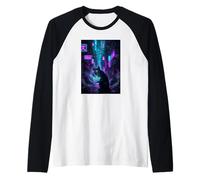 Futuristic Cyber Cat Eating Ramen Night Street Alley Raglan Baseball Tee