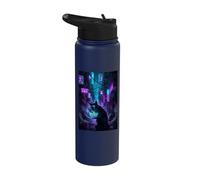 Futuristic Cyber Cat Eating Ramen Night Street Alley Stainless Steel Insulated Water Bottle