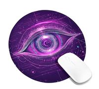 Futuristic Digital Eye Mouse Pad, Violet Neon Eye Design Stitched Edge Mousepad, Rubber Non-Slip Washable Gaming Mouse Pad for Home and Office Computer, Laptop Round 8x8 Inch