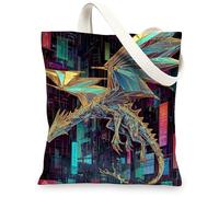 Futuristic Dragon Canvas Tote Bags, Colorful Graphic Design Reusable Grocery Bags, Lightweight Washable Shoulder Strap Canvas Bags for Gym Outdoor Travel Beach Picnic 13x15 Inch