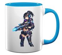 Futuristic Female Warrior with Weapon Ceramic Tea Coffee Mug Light Blue