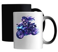 Futuristic Girl Riding Neon Motorcycle Ceramic Magic Mug White