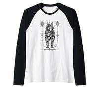 Futuristic Mech Wolf Geometric Black White Line Art Design Raglan Baseball Tee