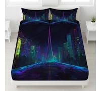 Futuristic Neon Fitted Sheets Sci-Fi Punk Bedding with Deep Pocket 30 cm for Small double Bed - Soft Breathable Microfiber Fitted Sheets Fade Resistant (City Skyscraper)