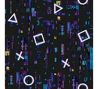Futuristic Neon Geometric Gamer Wallpaper - Digital Glitch Pattern with Circles, Crosses, Triangles & Squares on Dark Cyber Background - Bold Modern Feature Wall Décor for Gaming Rooms, Bedrooms