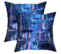 Futuristic Pillow Covers Set of 2, Dark Blue Sci-Fi Cityscape Throw Pillows Case, Indoor Decorative Square Modern Decor Cushion Covers for Home Sofa Bed Couch 16x16 Inch