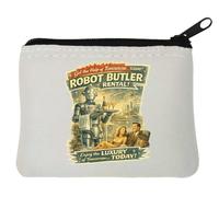 Futuristic Robot Butler Serving Drinks Scene Neoprene Coin Purse Pouch 10x11cm White