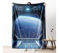 Futuristic Space Capsule Scene Flannel Fleece Blanket Earth Nightscape Details Throw Blankets for Sofa, Warm Cozy Royal Blue Sherpa Bedding Blanket for Kids and Adults, 130x150 cm
