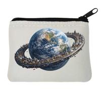 Futuristic Space Station Orbiting Earth Neoprene Coin Purse Pouch 10x11cm White