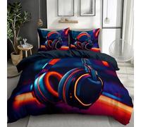 Futuristic Style Tech Gaming Headphones Duvet Cover 3 Pieces King Size 230x220 cm Navy Blue Printed Reversible Bedding Set with 2 Pillow Case, Soft Cosy Microfiber Quilt Cover for Adults Kids Teens