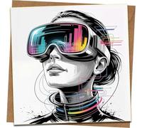 Futuristic VR Headset Graphic Greeting Card - 145mm x 145mm Square - Blank Inside - Sci-Fi Cyberpunk Art - Includes Kraft Envelope