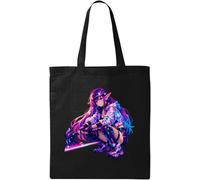 Futuristic Warrior Girl with Axe Natural Cotton Tote Bag Black