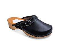 FUTURO FASHION Women's Healthy Natural Genuine Leather Wooden Sole Plain Clogs Unisex, Black, 8 UK