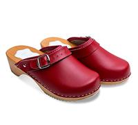 FUTURO FASHION Women's Healthy Natural Genuine Leather Wooden Sole Plain Clogs Unisex Colours, Red, 6.5 UK