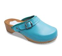 FUTURO FASHION Women's Healthy Natural Genuine Leather Wooden Sole Plain Clogs Unisex Colours, Turquoise, 3 UK