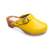 FUTURO FASHION Women's Healthy Natural Genuine Leather Wooden Sole Plain Clogs Unisex Colours, Yellow, 6.5 UK