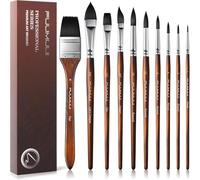 Fuumuui 10Pcs Watercolour Brushes, Professional Synthetic Squirrel Hair Brush Set Variety Shapes with Round Pointed, Wide Flat, Cat's Tongue, Dagger for Watercolour Acrylic Gouache Inks Painting