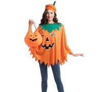 FUUNTATO Adults Pumpkin Costume 3 PCS Halloween Glow-In-The-Dark Poncho With Pumpkin Beret And Candy Tote Bag For Women, Orange, M (heights 4'7" to 5'6")