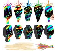 Fuutreo 100 Pcs Ice Cream Scratch Cards Rainbow Color Scratch Ornaments Summer Scratch Paper Crafts Kits with Sticks and Ribbon for Birthday Party Favors DIY Hanging Decorations