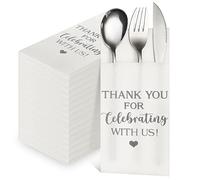 Fuutreo 100 Pcs Wedding Linen Feel Napkins Pocket Disposable Flatware Airlaid Paper Absorbent Dinner Napkins for Wedding Shower Engagement Party Decorations(Silver)
