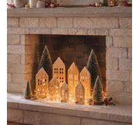 Fuutreo 12 Pcs Wooden Christmas Village House Set with Mini Trees and 6.6 ft 20 LED String Lights, Christmas Rustic Wooden House Mantel Fireplace Decor for Faux Fireplace Shelf Tabletop Xmas Holiday